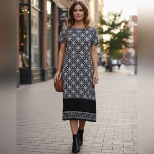 Max Studio Geometric/floral Print Midi Dress - Boho Chic Border Hem, Size L